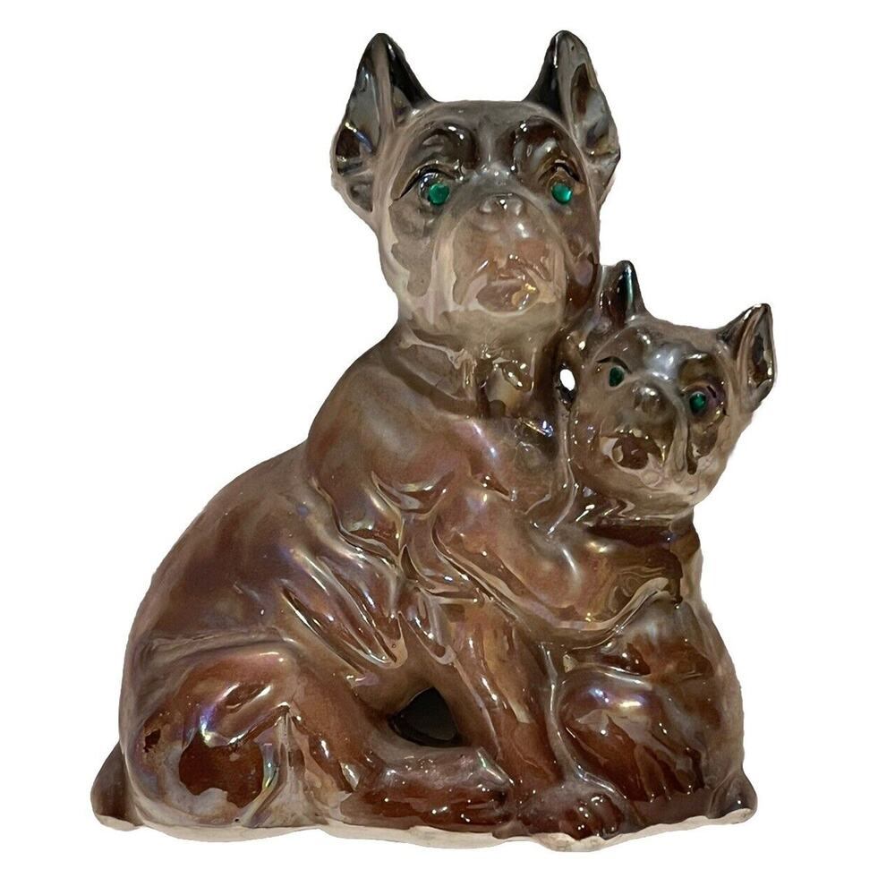 Vintage Lustre Boxer Mother & Puppy Dog Figurine Green Gem Eye Hugging Japan MCM